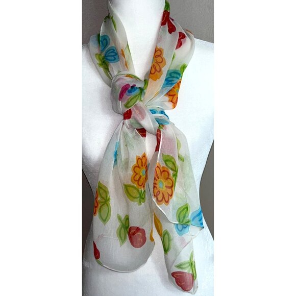 White Floral Scarf Sheer Poly Rectangular Colorful Arty Flowers Womens 60x12" - Picture 4 of 8